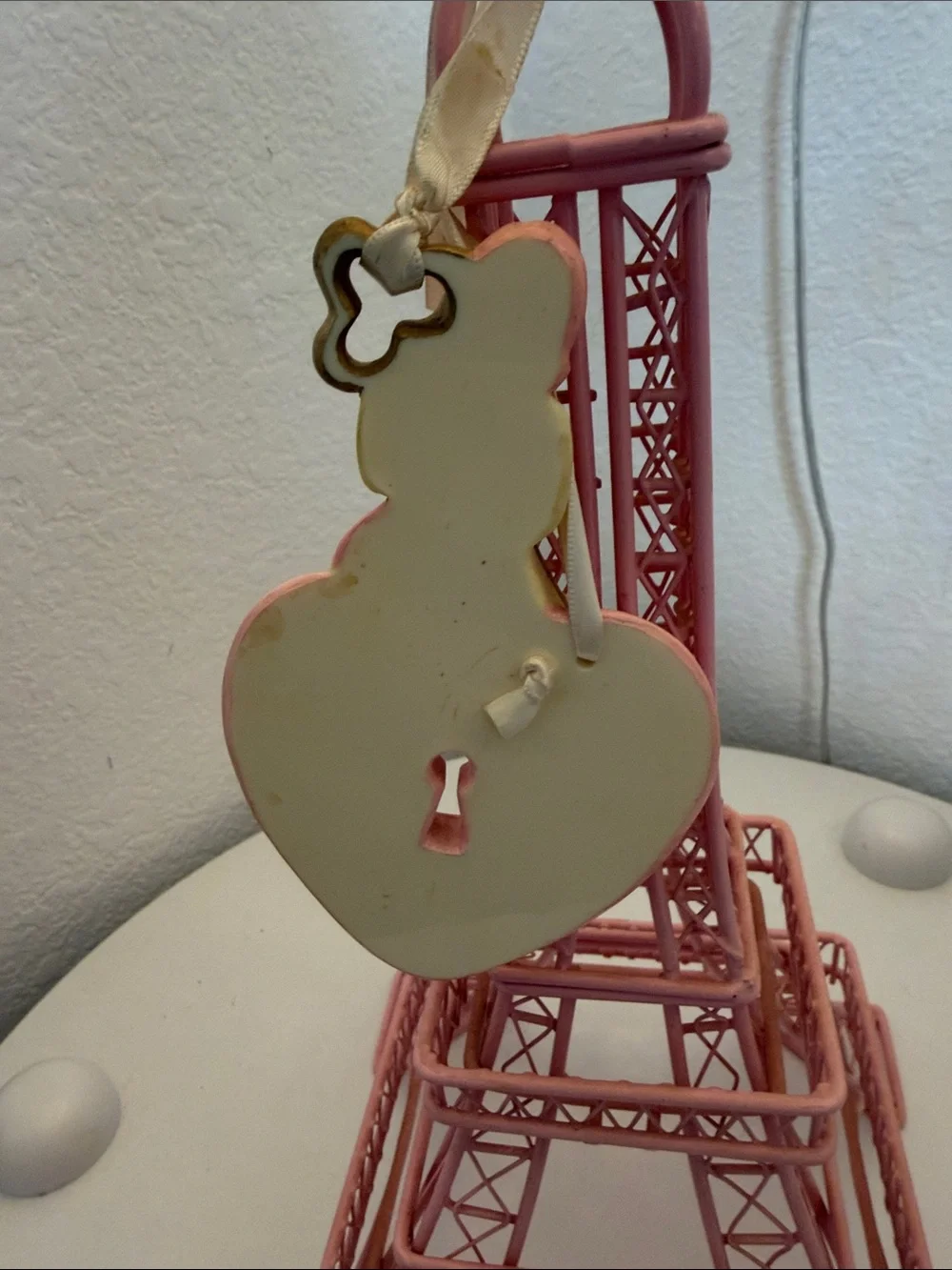 Lady Weird Pink Eiffel Tower Heart Ornament with Key Accent